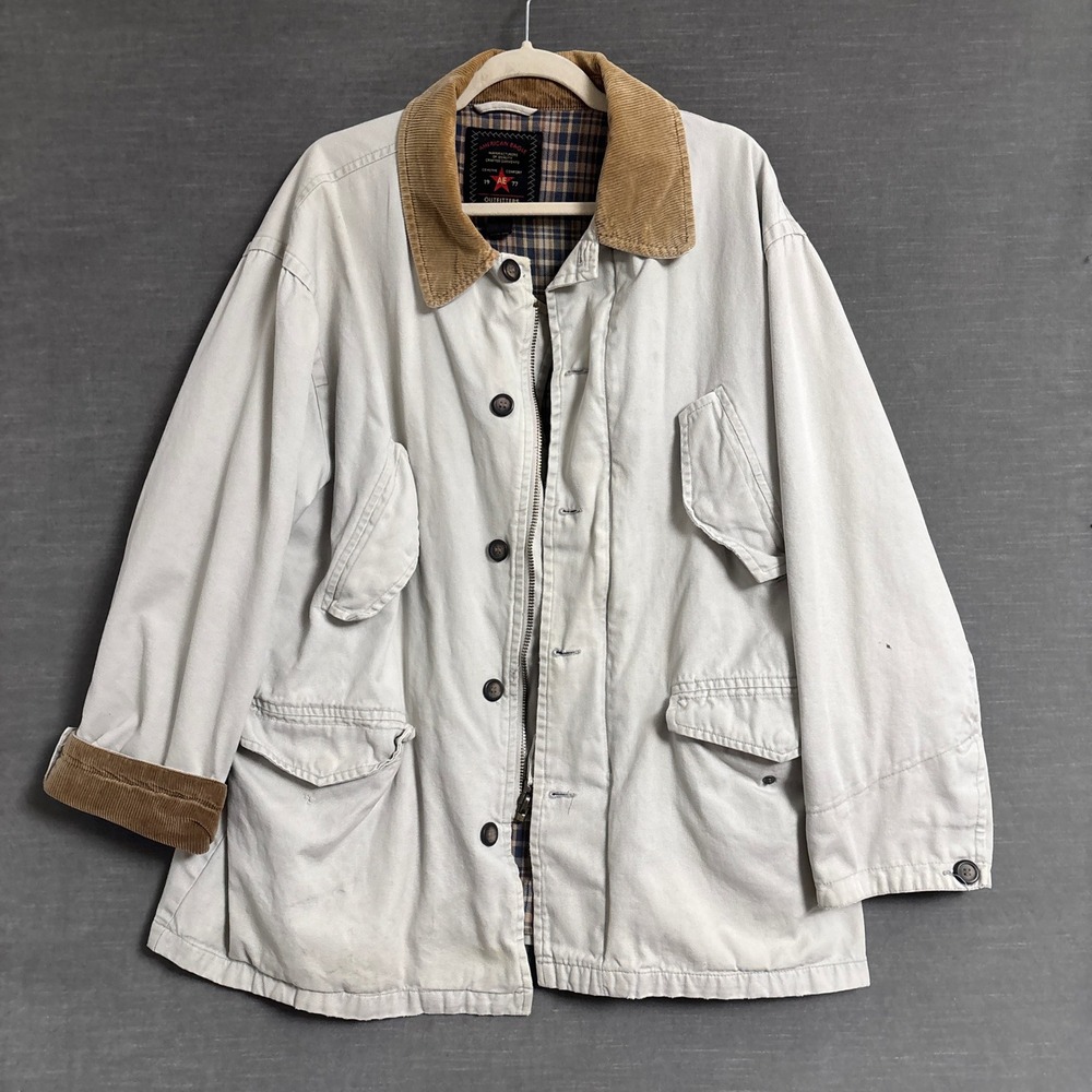 American Eagle Chore Coat L Tan Corduroy Plaid Barn Field Jacket Distressed
